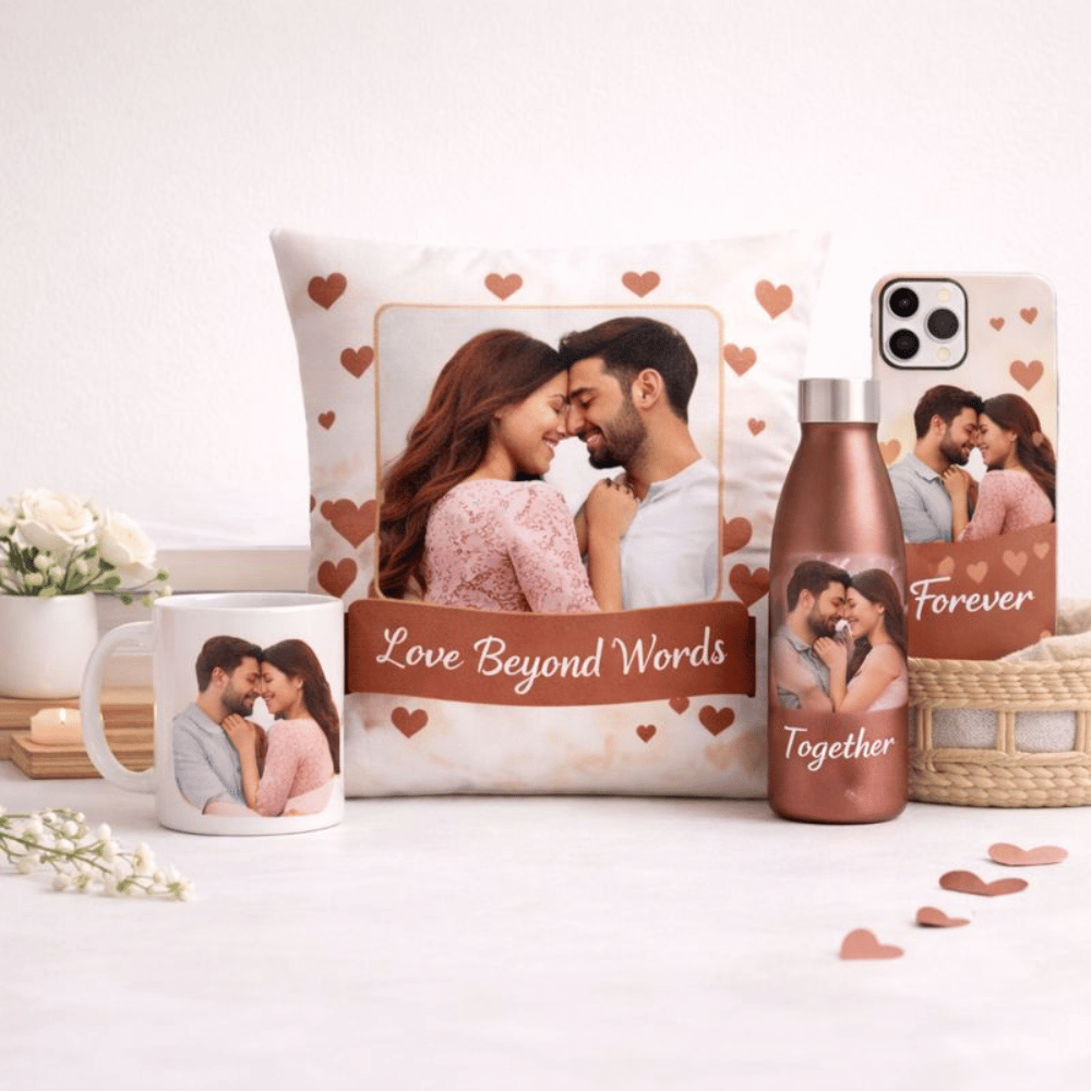 Customized gifts including personalized photo mug, cushion, bottle and phone cover