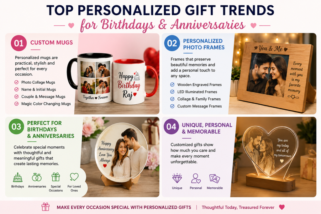Personalized gifts including custom mugs and personalized photo frames for birthdays and anniversaries.